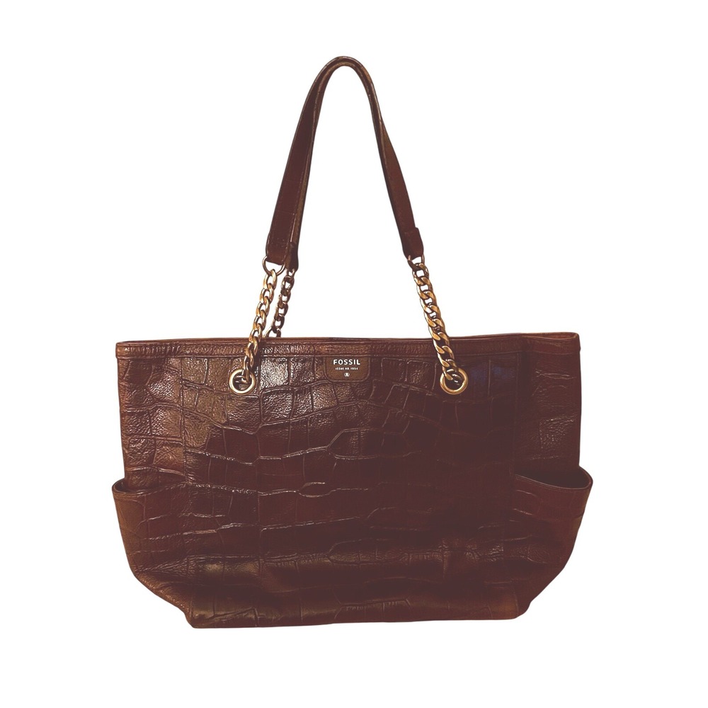 Fossil Cowhide Leather Brown Purse Mimi Shopper  Gold Hardware Shoulder Bag